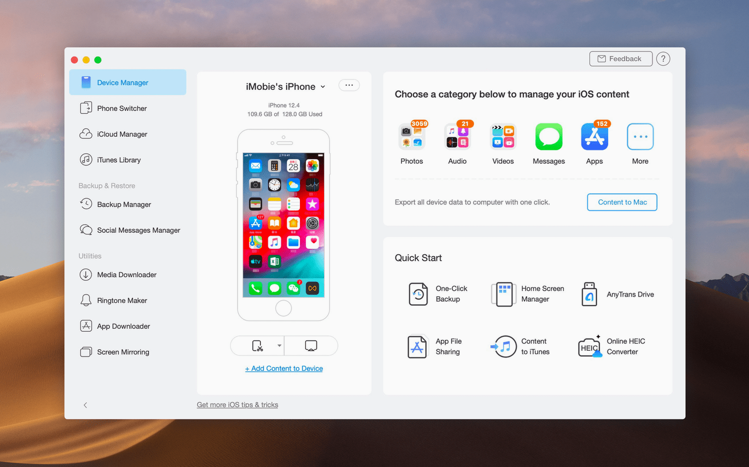 AnyTrans for iOS showcase 1 anytrans, main view